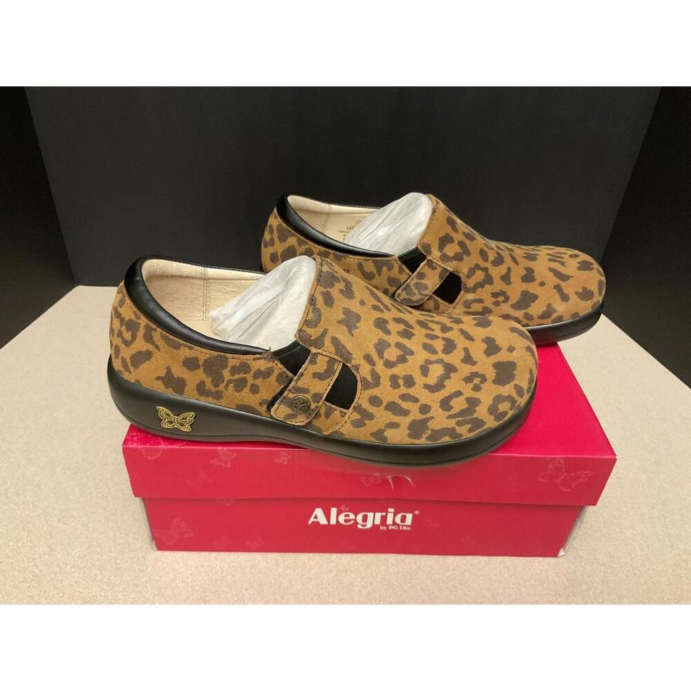 New! Womens Alegria Kara Leopard Suede Leather Slip On Clogs. Size 38-US 8-8.5.